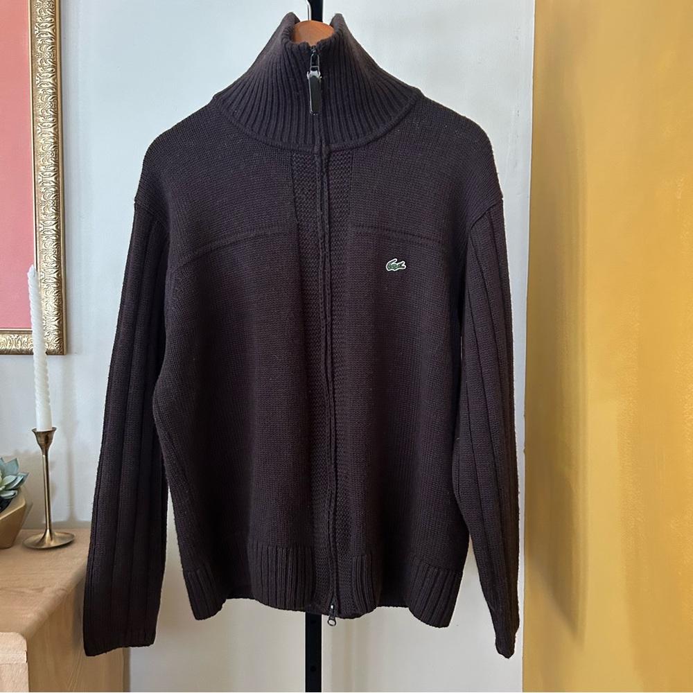 Lacoste Men's Wool Zip Up Cardigan Sweater Jacket Collar‎ Chocolate Brown Size 5